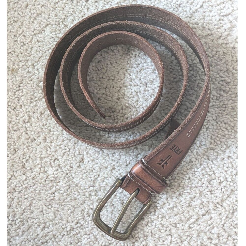Frye Brown Leather Belt w/ White Contrast Stitching & Brass Hardware Sz 42